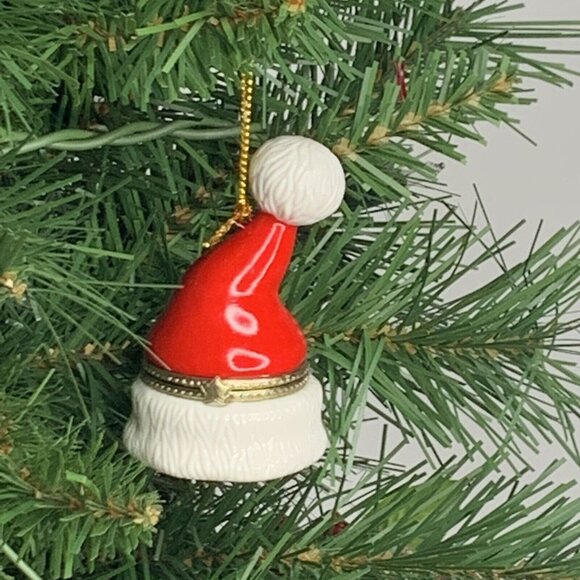 Santa Clause Hat Porcelain Hinged Surprise Gift Trinket Box Christmas Ornament - Picture 5 of 5